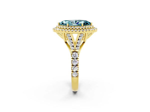 Yellow gold Double Halo Marquise Cut Blue Topaz Pavé Split Shank Ring with Prong Setting