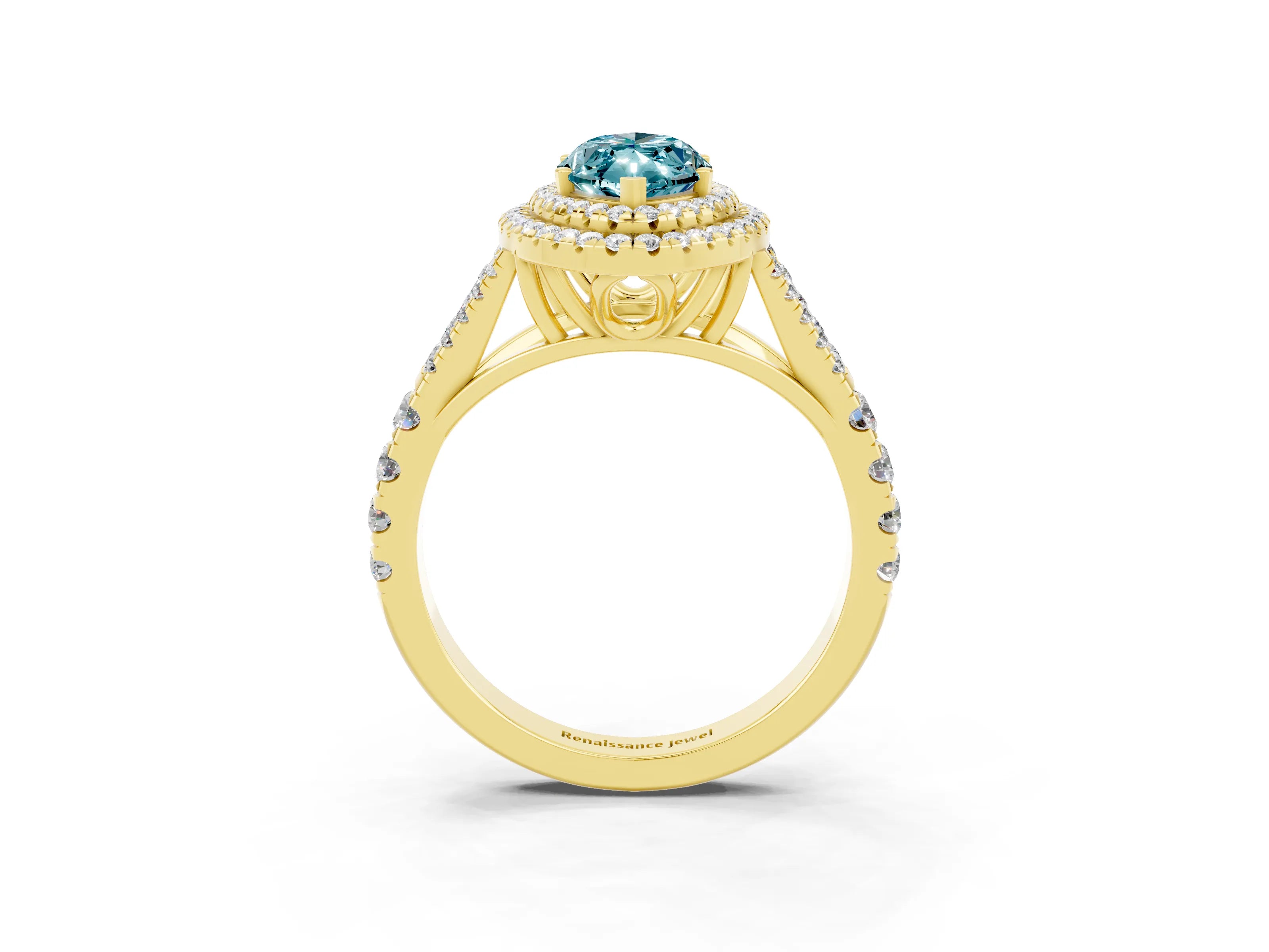 Yellow gold Double Halo Marquise Cut Blue Topaz Pavé Split Shank Ring with Prong Setting_3