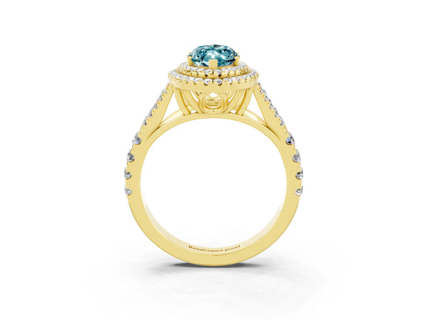 Yellow gold Double Halo Marquise Cut Blue Topaz Pavé Split Shank Ring with Prong Setting