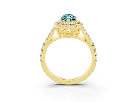Yellow gold Double Halo Marquise Cut Blue Topaz Pavé Split Shank Ring with Prong Setting_3