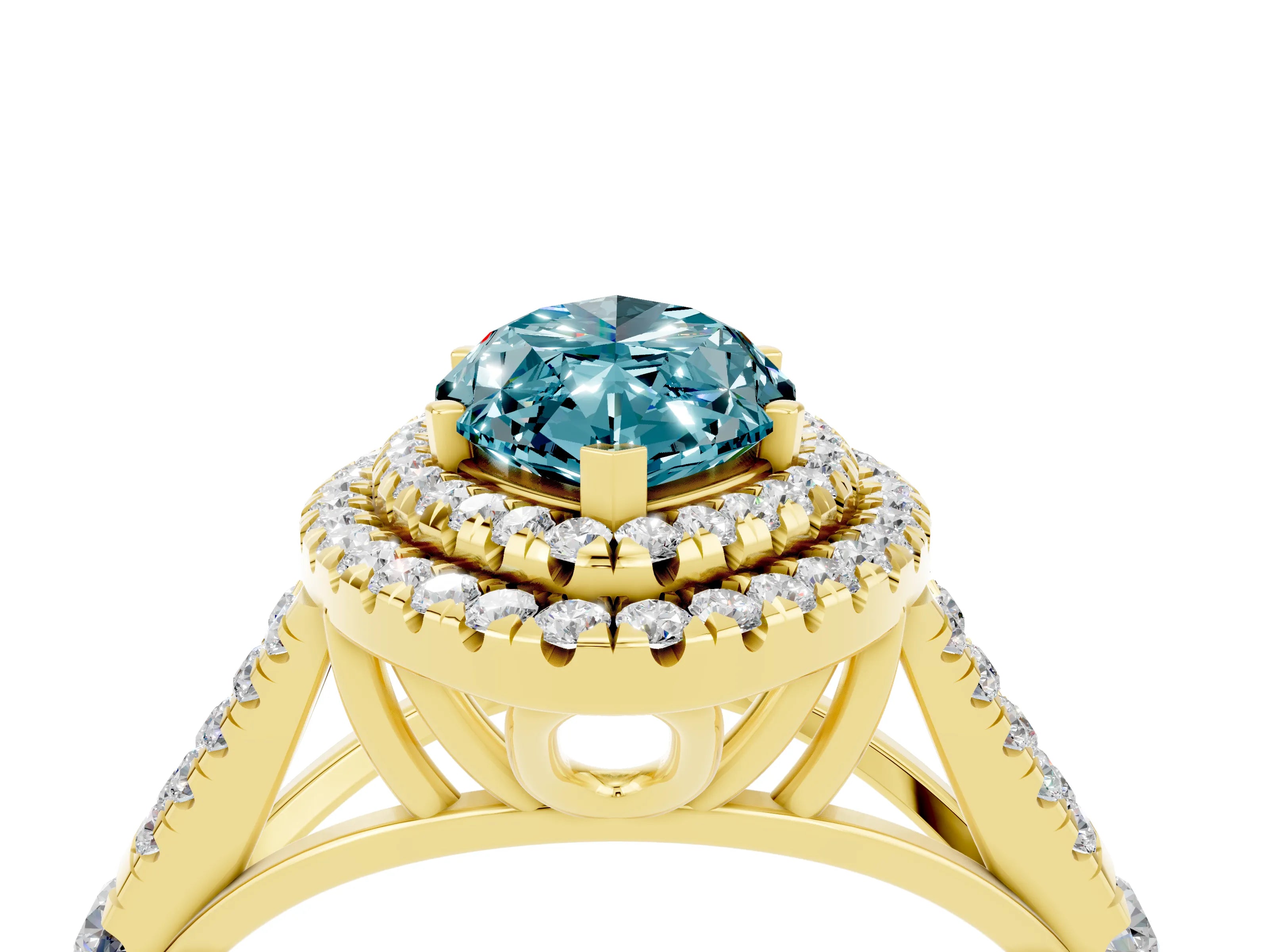 Yellow gold Double Halo Marquise Cut Blue Topaz Pavé Split Shank Ring with Prong Setting_4