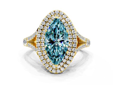 Yellow gold Double Halo Marquise Cut Blue Topaz Pavé Split Shank Ring with Prong Setting