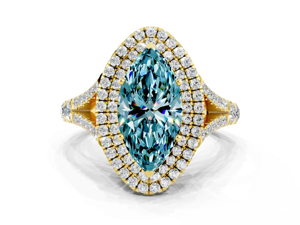 Yellow gold Double Halo Marquise Cut Blue Topaz Split Shank Engagement Ring with Four-Prong Setting