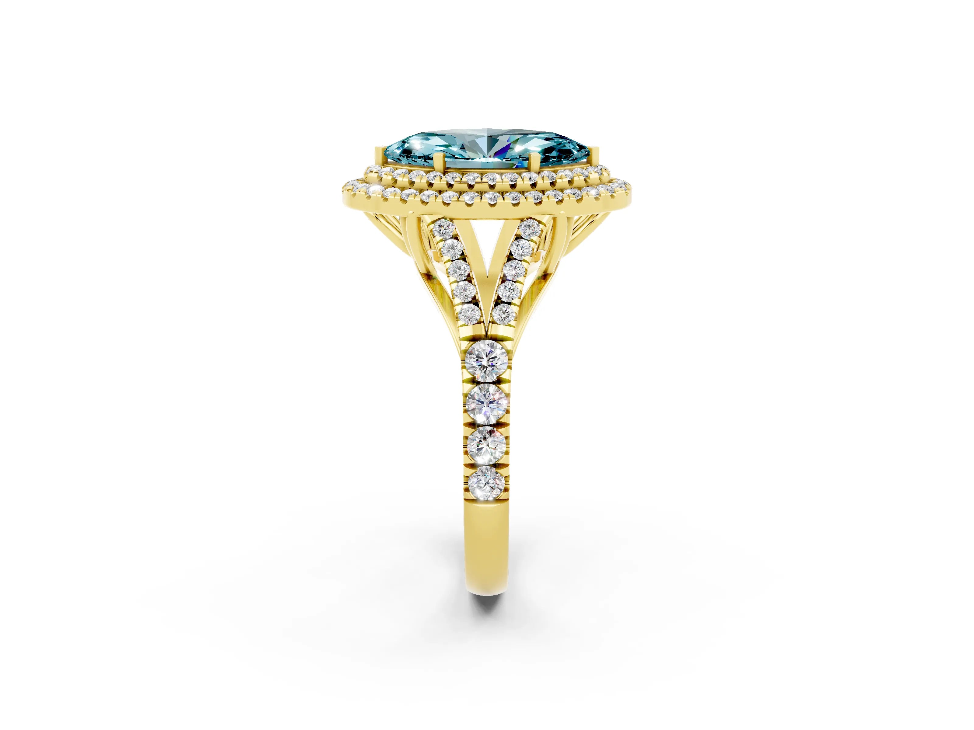 Yellow gold Double Halo Marquise Cut Blue Topaz Split Shank Engagement Ring with Four-Prong Setting_2