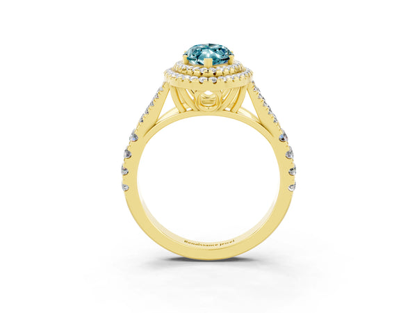 Yellow gold Double Halo Marquise Cut Blue Topaz Split Shank Engagement Ring with Four-Prong Setting