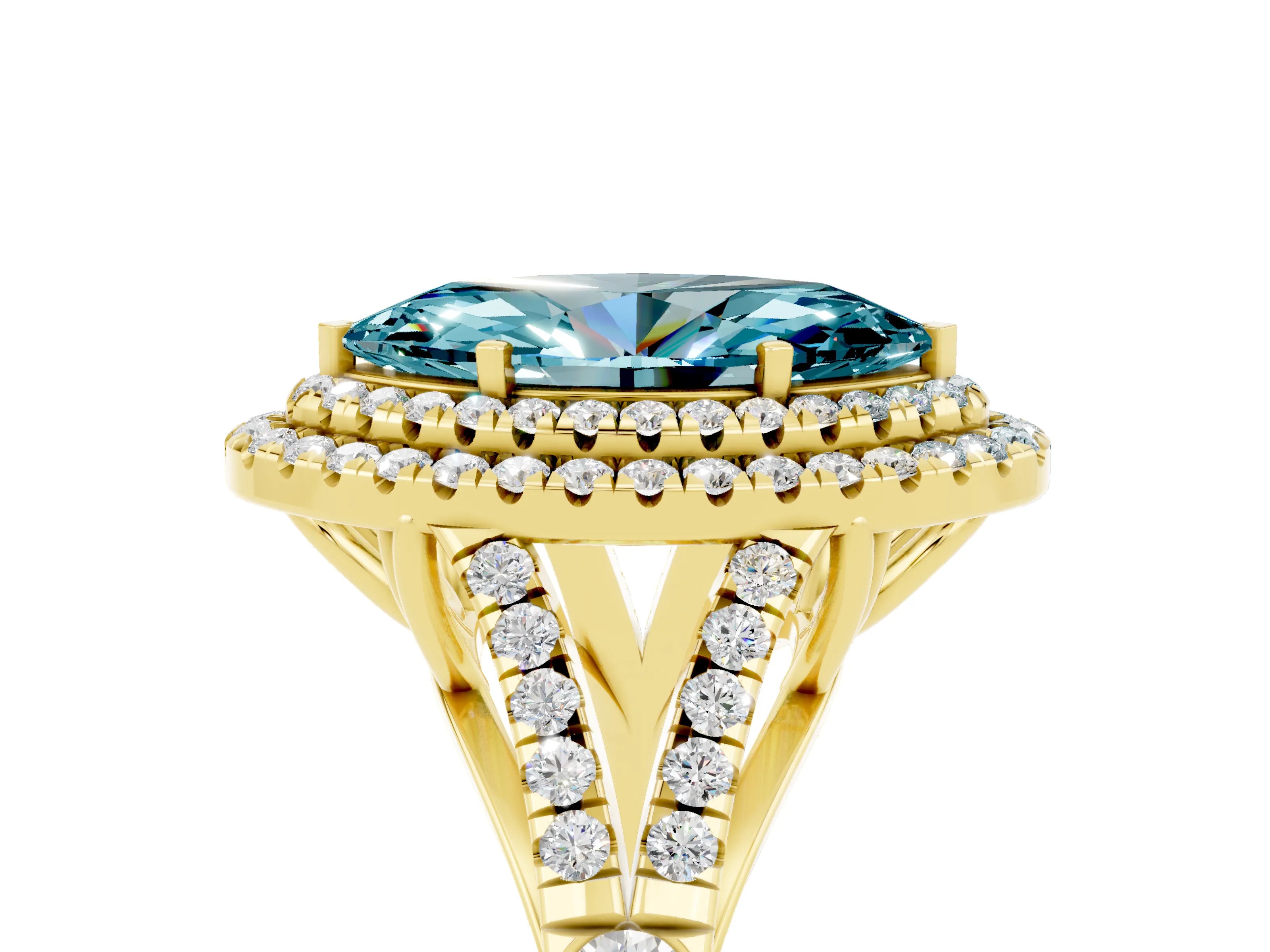 Yellow gold Double Halo Marquise Cut Blue Topaz Split Shank Engagement Ring with Four-Prong Setting_5