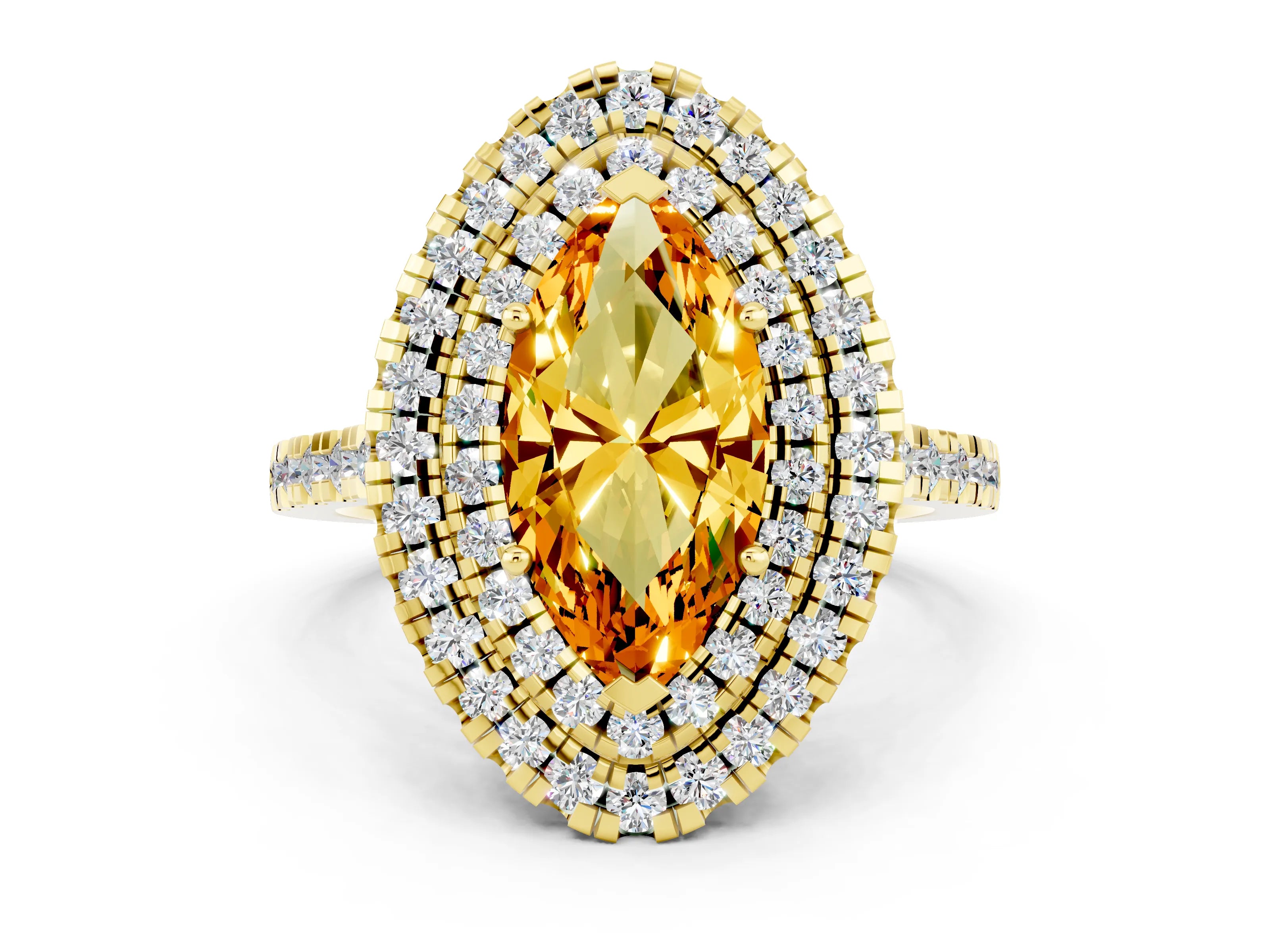 Yellow gold Double Halo Marquise Cut Citrine Pavé Band with Four-Prong Setting