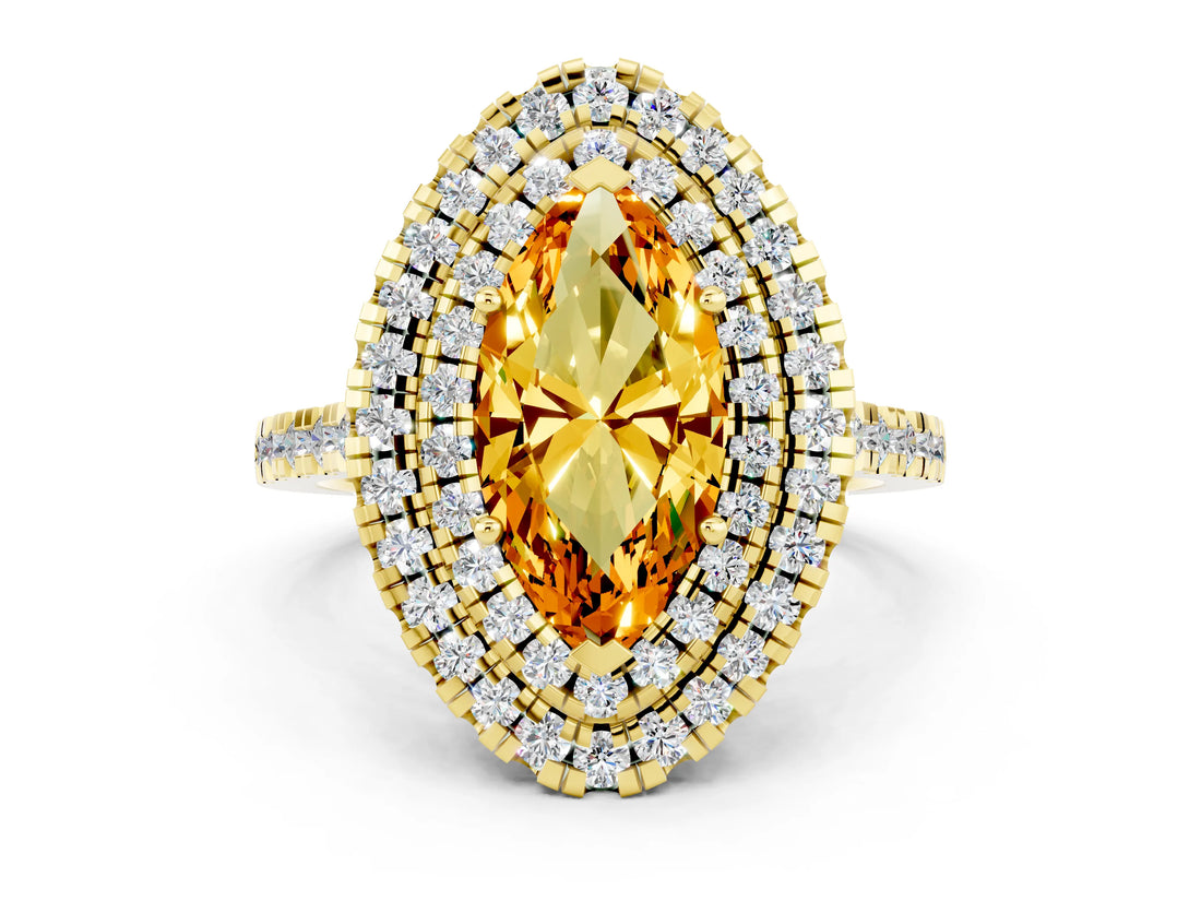 Yellow gold Double Halo Marquise Cut Citrine Pavé Band with Four-Prong Setting
