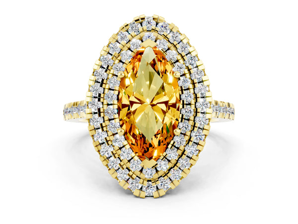 Yellow gold Double Halo Marquise Cut Citrine Pavé Band with Four-Prong Setting