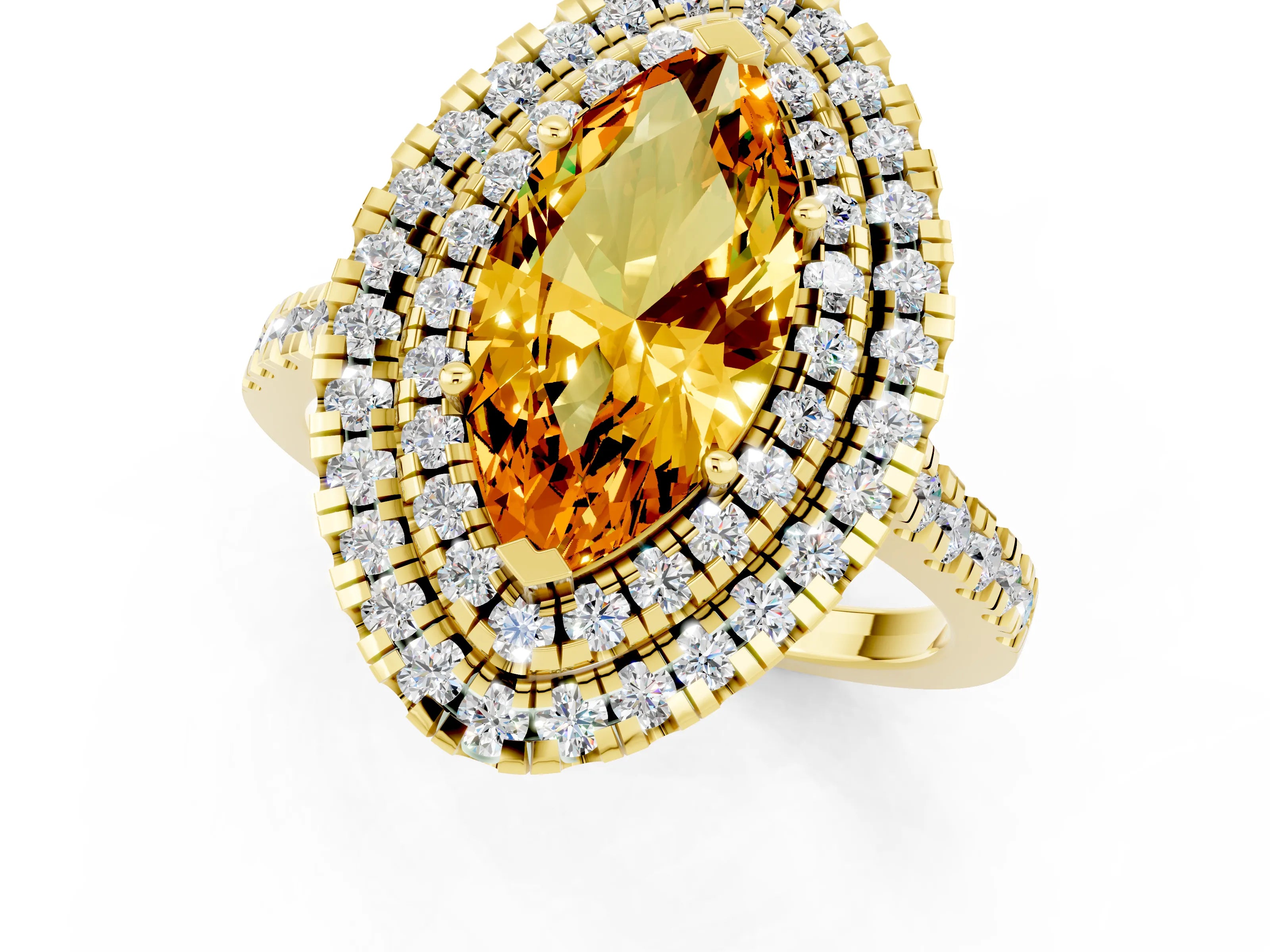Yellow gold Double Halo Marquise Cut Citrine Pavé Band with Four-Prong Setting_1