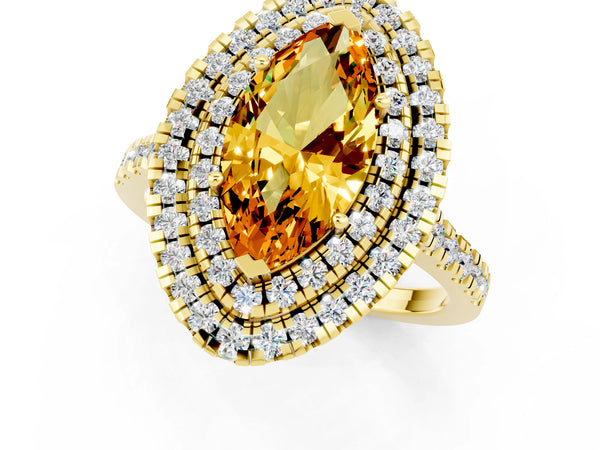 Yellow gold Double Halo Marquise Cut Citrine Pavé Band with Four-Prong Setting