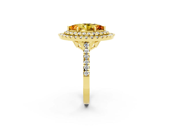 Yellow gold Double Halo Marquise Cut Citrine Pavé Band with Four-Prong Setting