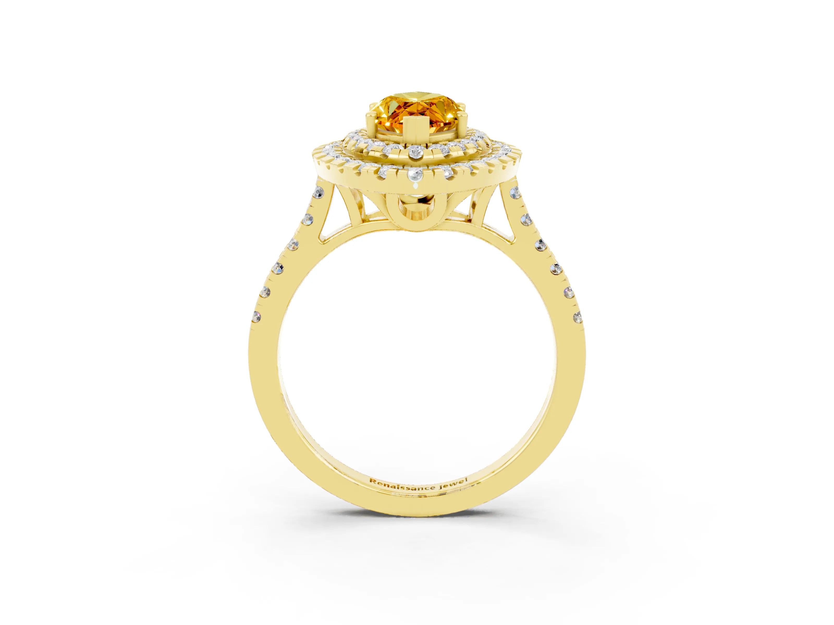 Yellow gold Double Halo Marquise Cut Citrine Pavé Band with Four-Prong Setting_3