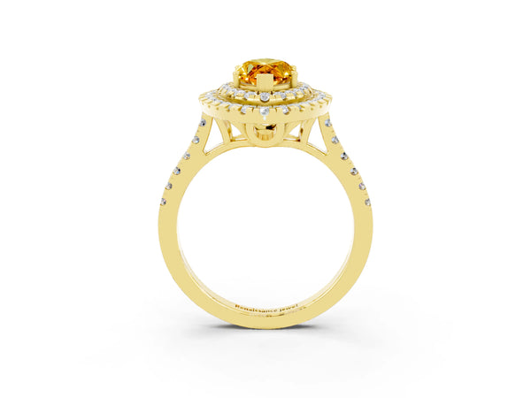 Yellow gold Double Halo Marquise Cut Citrine Pavé Band with Four-Prong Setting
