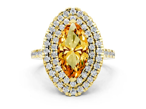 Yellow gold Double Halo Marquise Cut Citrine Pavé Band with Four-Prong Setting