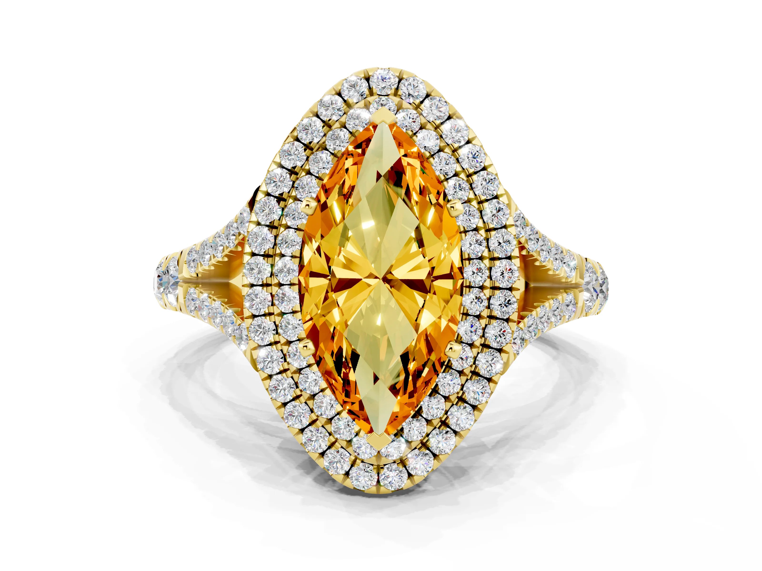 Yellow gold Double Halo Marquise Cut Citrine Pavé Split Shank Ring with Prong Setting
