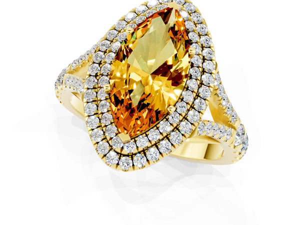 Yellow gold Double Halo Marquise Cut Citrine Pavé Split Shank Ring with Prong Setting