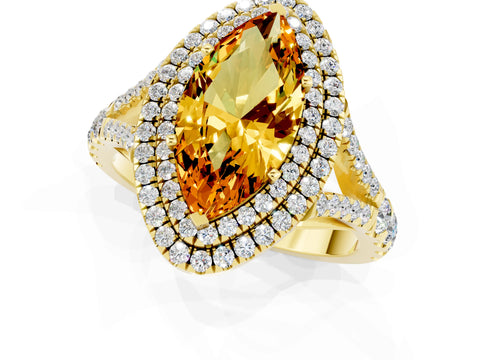 Yellow gold Double Halo Marquise Cut Citrine Pavé Split Shank Ring with Prong Setting_1