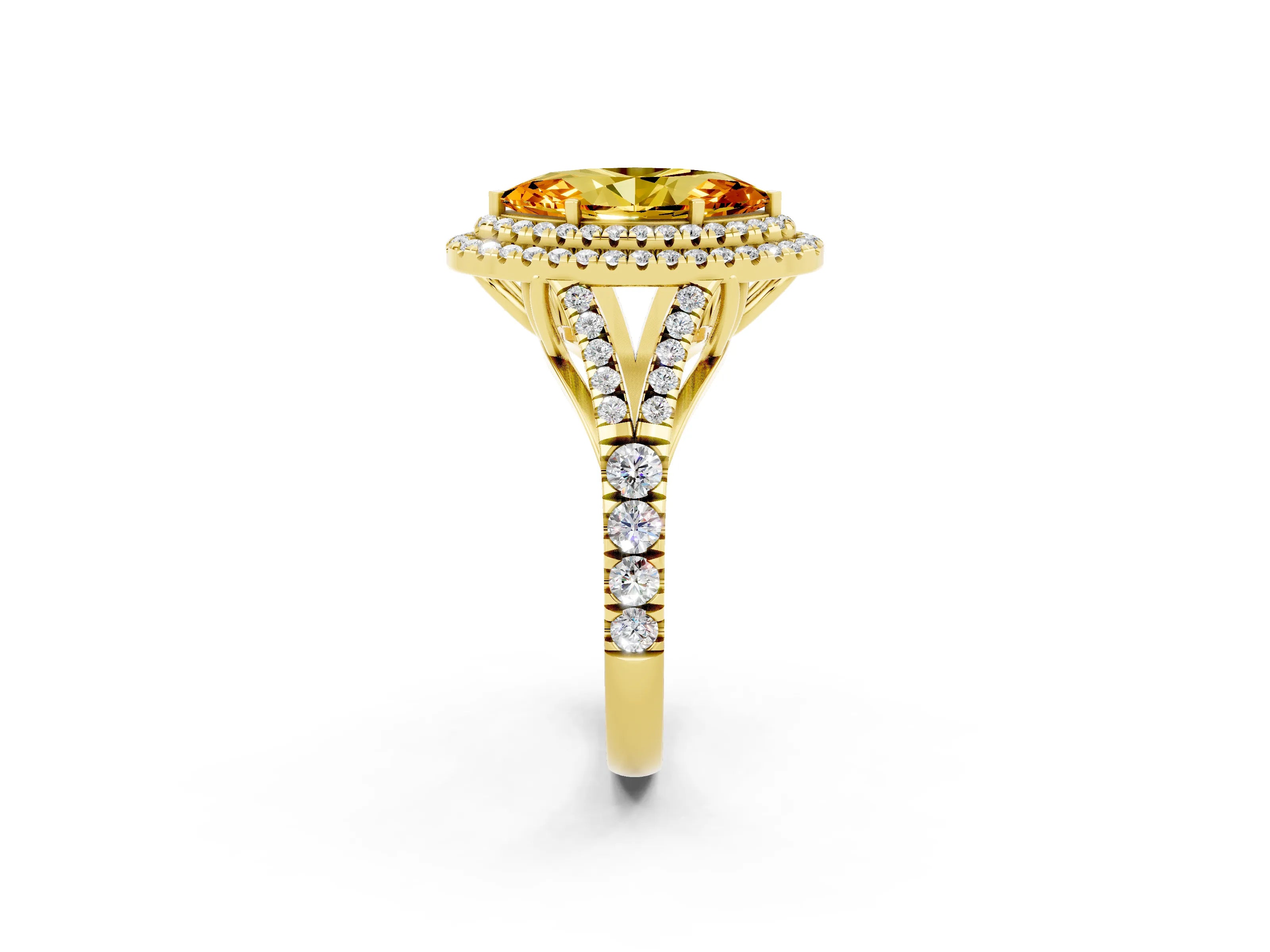 Yellow gold Double Halo Marquise Cut Citrine Pavé Split Shank Ring with Prong Setting_2
