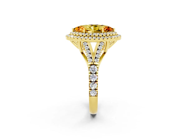 Yellow gold Double Halo Marquise Cut Citrine Pavé Split Shank Ring with Prong Setting