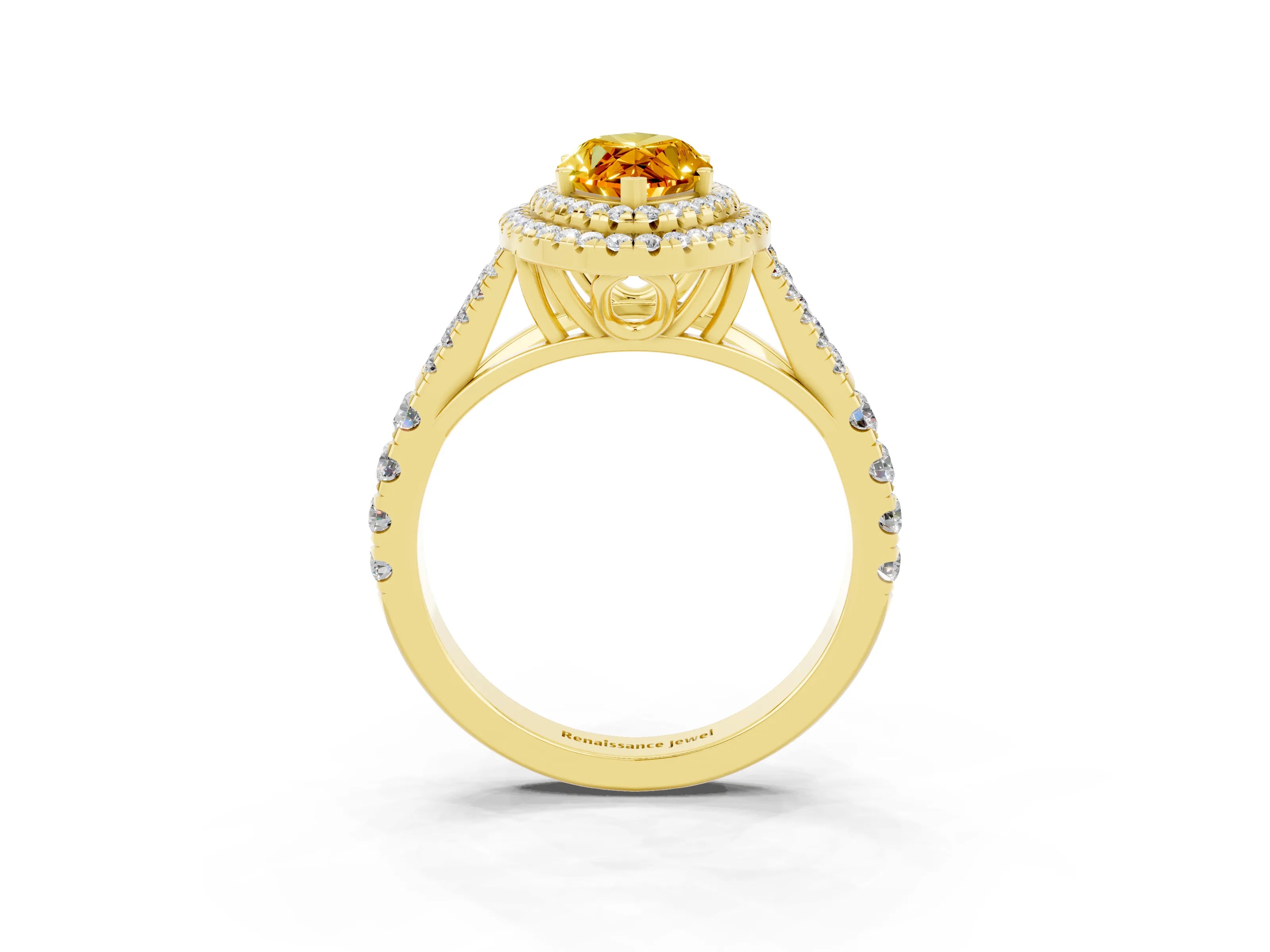 Yellow gold Double Halo Marquise Cut Citrine Pavé Split Shank Ring with Prong Setting_3