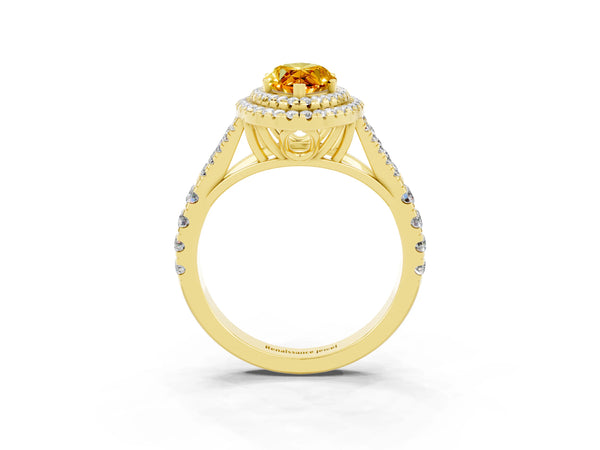 Yellow gold Double Halo Marquise Cut Citrine Pavé Split Shank Ring with Prong Setting