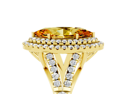 Yellow gold Double Halo Marquise Cut Citrine Pavé Split Shank Ring with Prong Setting_5