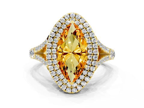 Yellow gold Double Halo Marquise Cut Citrine Pavé Split Shank Ring with Prong Setting