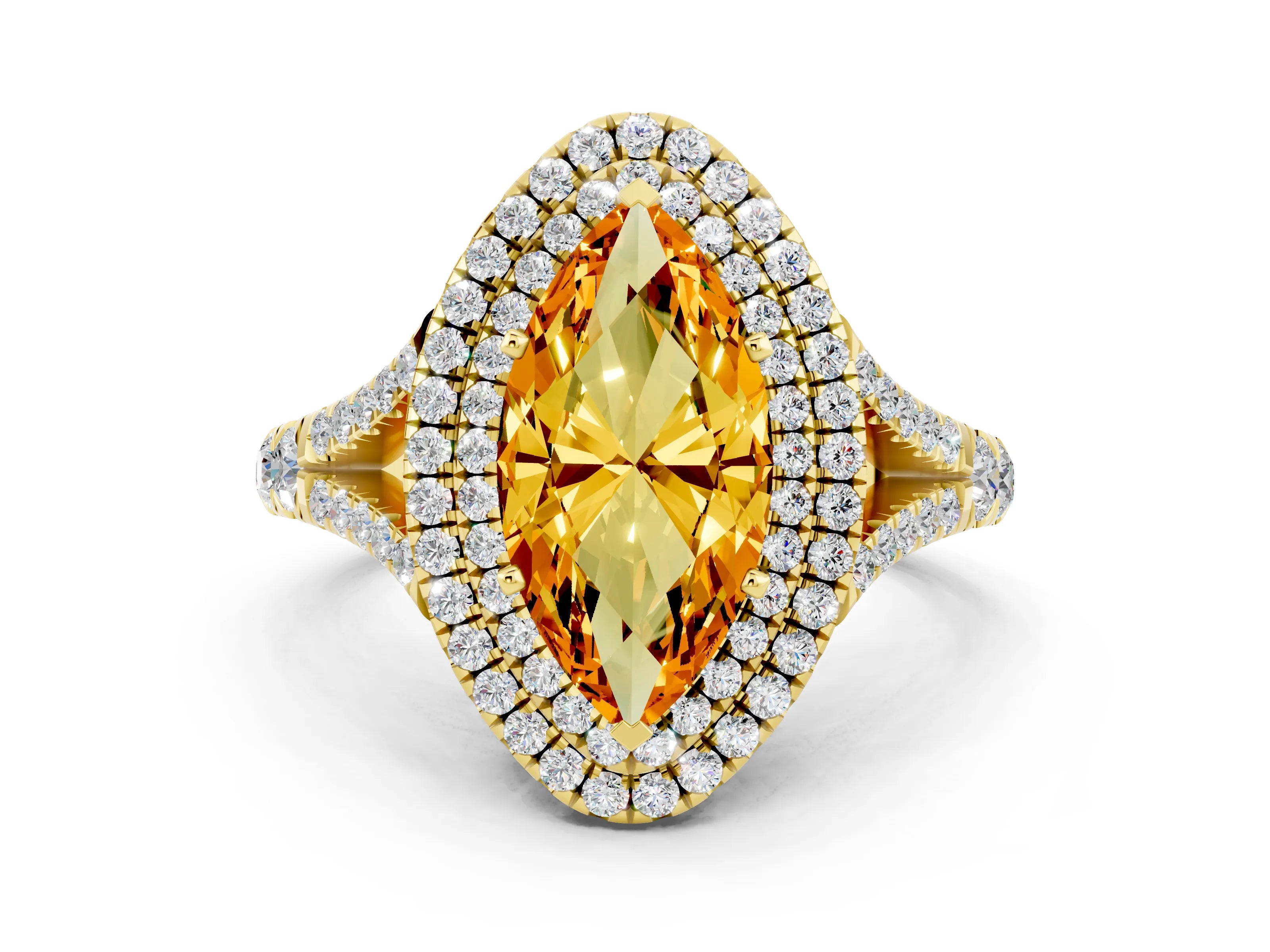 Yellow gold Double Halo Marquise Cut Citrine Split Shank Engagement Ring with Four-Prong Setting