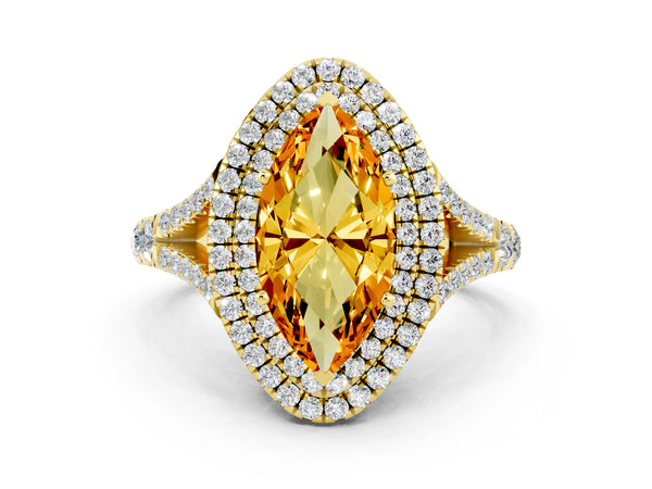 Yellow gold Double Halo Marquise Cut Citrine Split Shank Engagement Ring with Four-Prong Setting