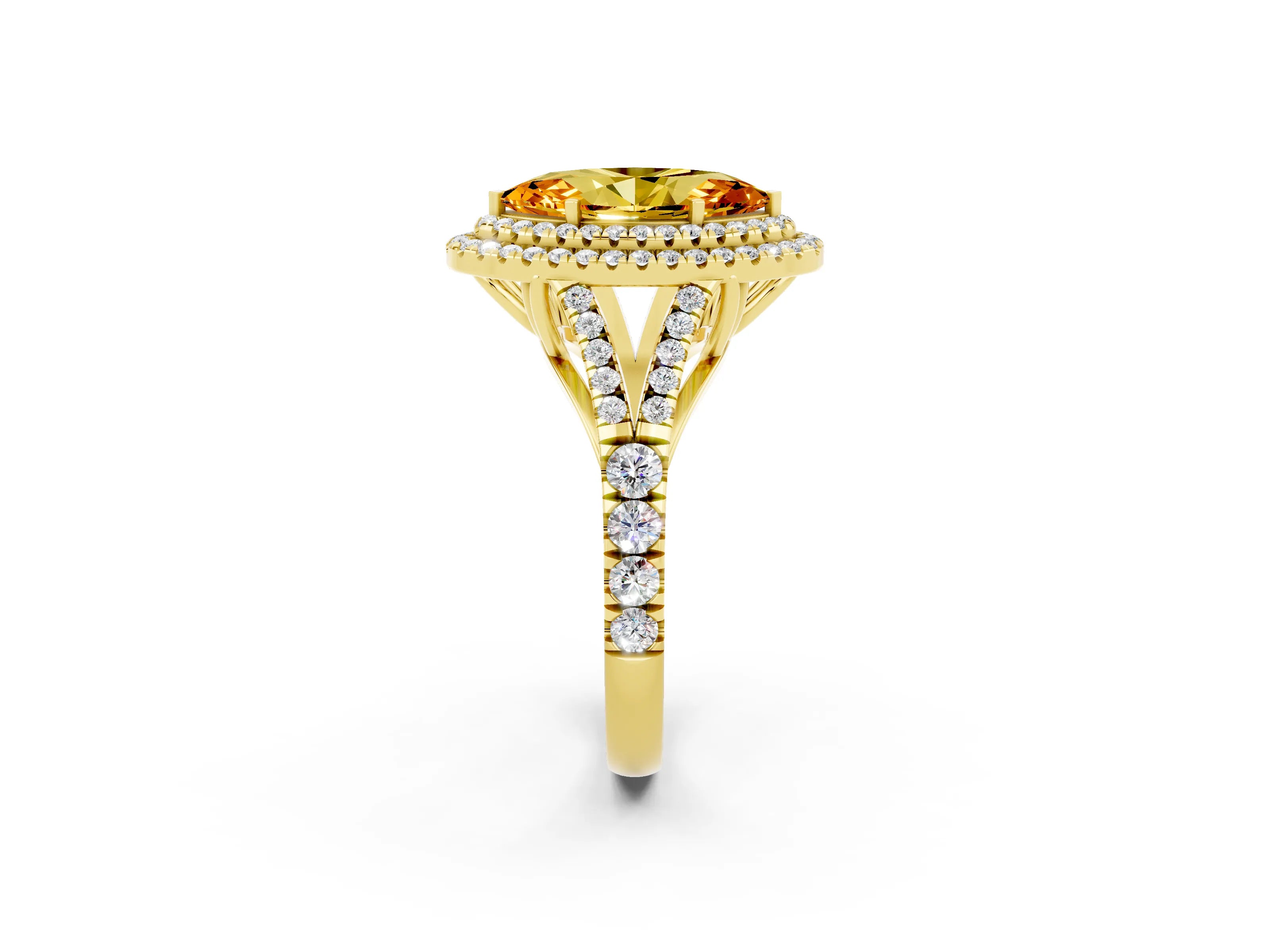 Yellow gold Double Halo Marquise Cut Citrine Split Shank Engagement Ring with Four-Prong Setting_2