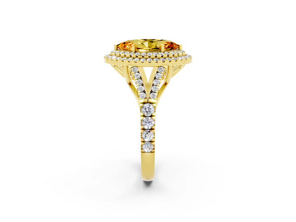 Yellow gold Double Halo Marquise Cut Citrine Split Shank Engagement Ring with Four-Prong Setting