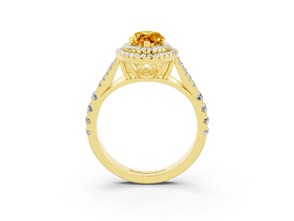 Yellow gold Double Halo Marquise Cut Citrine Split Shank Engagement Ring with Four-Prong Setting