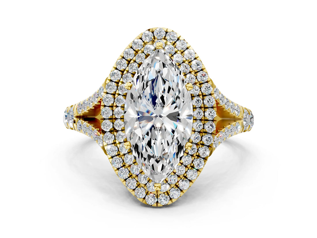 Yellow gold Double Halo Marquise Cut Diamond Split Shank Engagement Ring with Four-Prong Setting_7