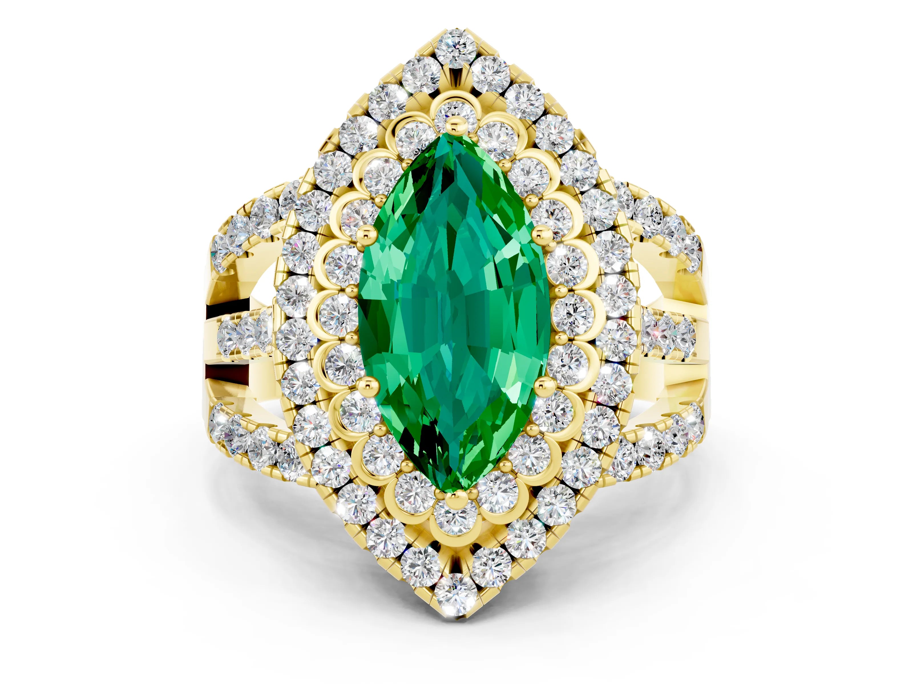 Yellow gold Double Halo Marquise Cut Diamond Split Shank Pave Set Ring