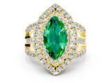 Yellow gold Double Halo Marquise Cut Diamond Split Shank Pave Set Ring