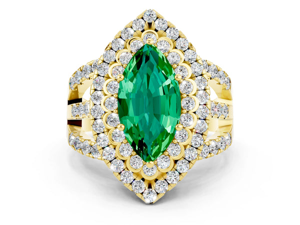 Yellow gold Marquise Cut Emerald Double Halo Ring with Round Pavé Split Shank and Prong Setting