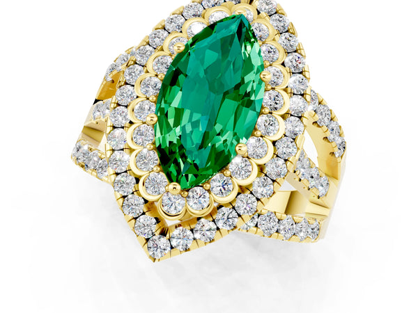 Yellow gold Marquise Cut Emerald Double Halo Ring with Round Pavé Split Shank and Prong Setting