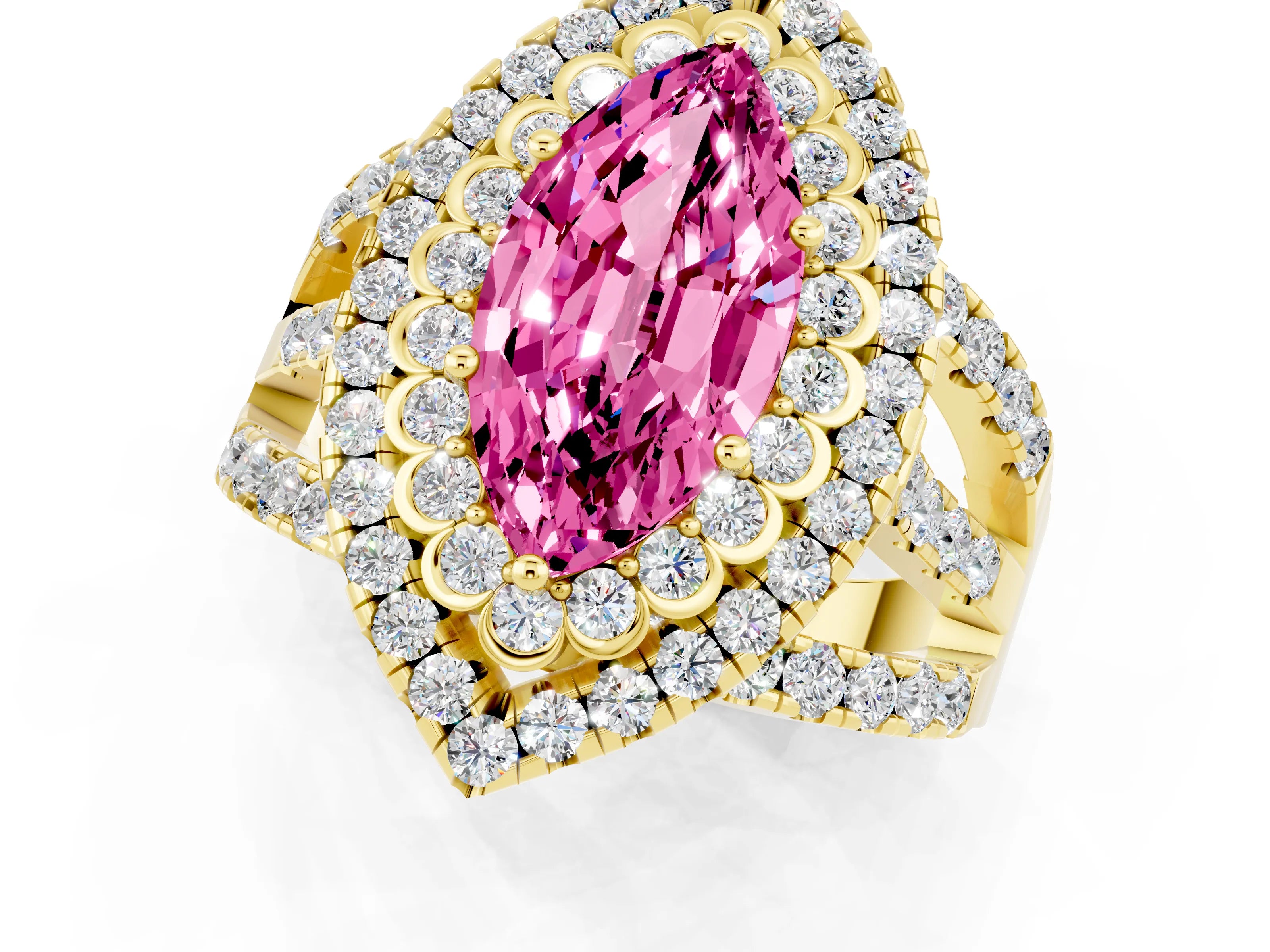 Yellow gold Double Halo Marquise Cut Diamond Split Shank Pave Set Ring_1