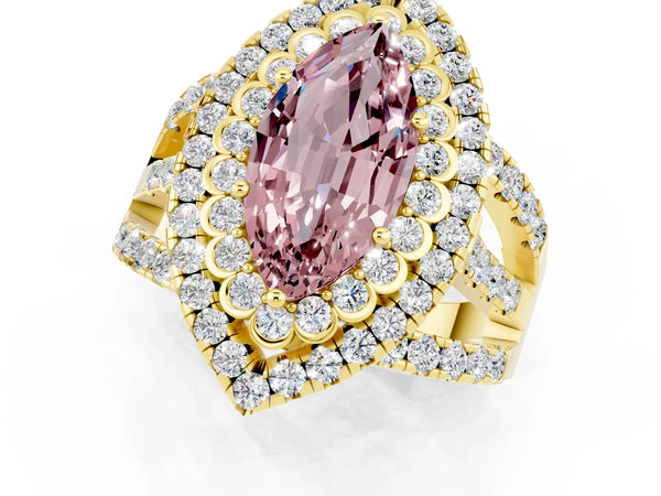 Yellow gold Double Halo Marquise Cut Diamond Split Shank Pave Set Ring