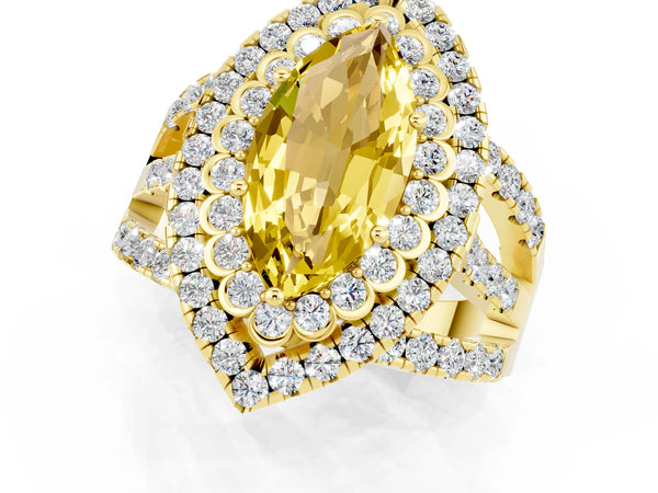 Yellow gold Marquise Cut Yellow Sapphire Double Halo Ring with Round Pavé Split Shank and Prong Setting