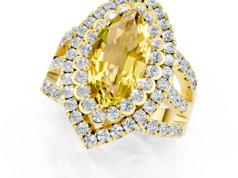 Yellow gold Double Halo Marquise Cut Diamond Split Shank Pave Set Ring_1