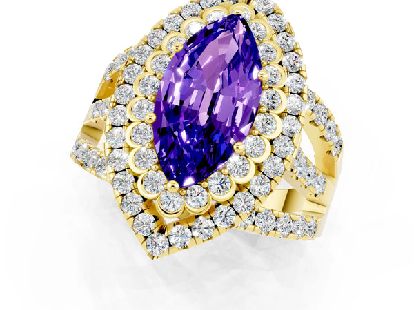 Yellow gold Marquise Cut Tanzanite Double Halo Ring with Round Pavé Split Shank and Prong Setting