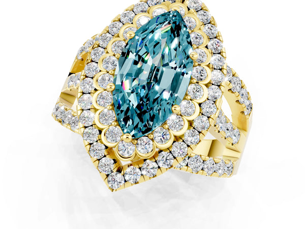 Yellow gold Double Halo Marquise Cut Diamond Split Shank Pave Set Ring