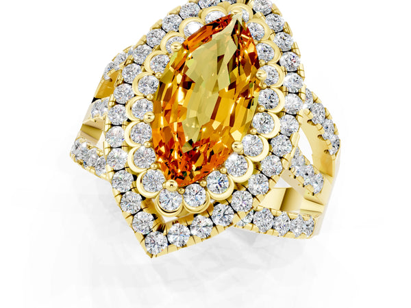 Yellow gold Marquise Cut Citrine Double Halo Ring with Round Pavé Split Shank and Prong Setting