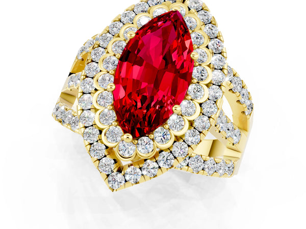 Yellow gold Double Halo Marquise Cut Diamond Split Shank Pave Set Ring