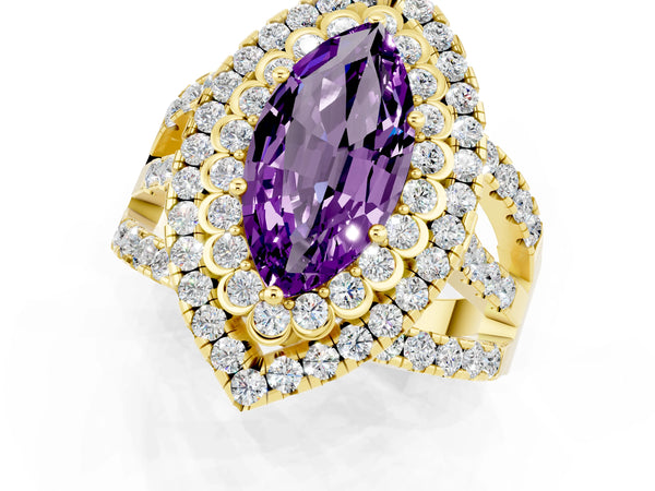 Yellow gold Marquise Cut Amethyst Double Halo Ring with Round Pavé Split Shank and Prong Setting