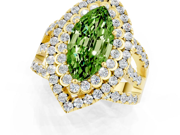 Yellow gold Double Halo Marquise Cut Diamond Split Shank Pave Set Ring