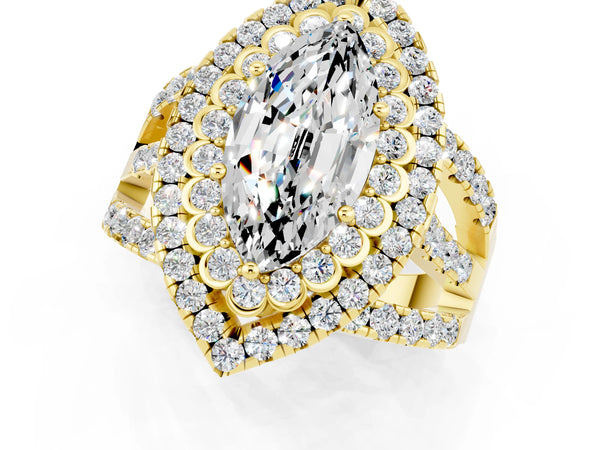 Yellow gold Marquise Cut Moissanite Double Halo Ring with Round Pavé Split Shank and Prong Setting