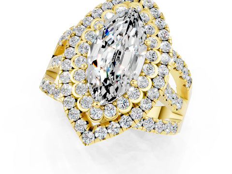 Yellow gold Double Halo Marquise Cut Diamond Split Shank Pave Set Ring_1